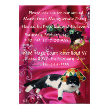 CAT WITH HARLEQUIN HAT AND MASQUERADE PARTY MASKS INVITATIONS