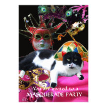 CAT WITH HARLEQUIN HAT AND MASQUERADE PARTY MASKS CUSTOM ANNOUNCEMENT