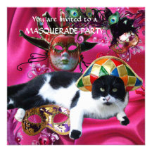 CAT WITH HARLEQUIN HAT AND MASQUERADE PARTY MASKS ANNOUNCEMENTS