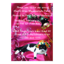 CAT WITH HARLEQUIN HAT AND MASQUERADE PARTY MASKS CUSTOM INVITATION