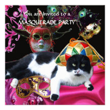 CAT WITH HARLEQUIN HAT AND MASQUERADE PARTY MASKS CUSTOM INVITE