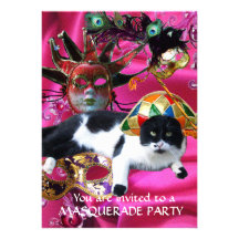 CAT WITH HARLEQUIN HAT AND MASQUERADE PARTY MASKS PERSONALIZED ANNOUNCEMENTS