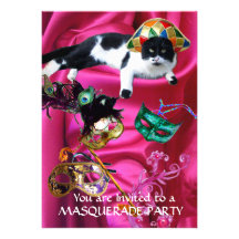 CAT WITH HARLEQUIN HAT AND MASQUERADE PARTY MASKS CUSTOM ANNOUNCEMENTS
