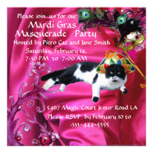 CAT WITH HARLEQUIN HAT AND MASQUERADE PARTY MASKS CUSTOM ANNOUNCEMENTS