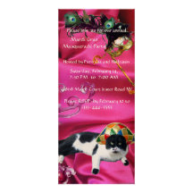 CAT WITH HARLEQUIN HAT AND MASQUERADE PARTY MASKS PERSONALIZED INVITATION
