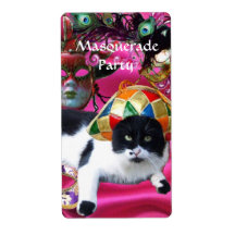 CAT WITH HARLEQUIN HAT AND MASQUERADE PARTY MASKS PERSONALIZED SHIPPING LABEL