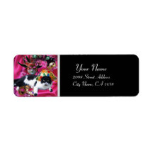 CAT WITH HARLEQUIN HAT AND MASQUERADE PARTY MASKS RETURN ADDRESS LABEL