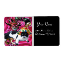 CAT WITH HARLEQUIN HAT AND MASQUERADE PARTY MASKS SHIPPING LABELS