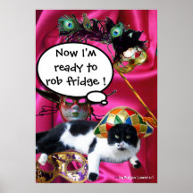 CAT WITH HARLEQUIN HAT AND MASQUERADE PARTY MASKS PRINT