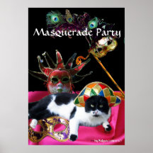CAT WITH HARLEQUIN HAT AND MASQUERADE PARTY MASKS POSTER