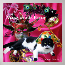 CAT WITH HARLEQUIN HAT AND MASQUERADE PARTY MASKS PRINT