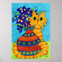 Cat with Irises in Talavera Vase Posters