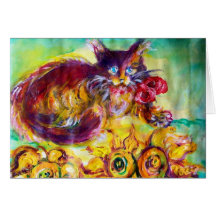 CAT WITH RED RIBBON AND SUNFLOWERS Happy Birthday Greeting Cards
