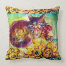 CAT WITH RED RIBBON AND SUNFLOWERS PILLOWS