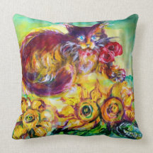 CAT WITH RED RIBBON AND SUNFLOWERS PILLOWS