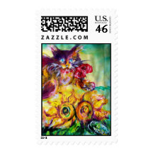 CAT WITH RED RIBBON AND SUNFLOWERS POSTAGE STAMP