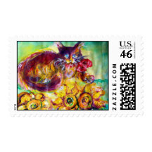 CAT WITH RED RIBBON AND SUNFLOWERS STAMP