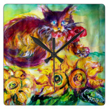 CAT WITH RED RIBBON AND SUNFLOWERS WALL CLOCKS