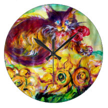 CAT WITH RED RIBBON AND SUNFLOWERS WALLCLOCK