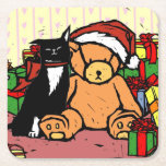 Cat with teddy bear near Christmas tree Square Paper Coaster
