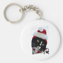 Cat with yellow eyes in Santa Hat head pic Key Chains