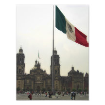 Catedral en el Zocalo del DF con la Bandera Mexica Photographic Print