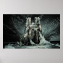 surrealism, artist, digital, photo, cathedral, landmark, exterior, photograph, church, sight, outdoor, mystic, glorious, spiritual, magnificent, supernatural, famous, danger, reims, france, ornate, dame, arches, europe, french, windows, notre, entrance, front, architecture, gothic, european, goth, temple, landscape, ocean, sea, wave, crushing, christianity, Poster with custom graphic design