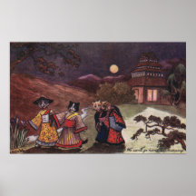Cats in Kimonos Take Late Night Stroll Print