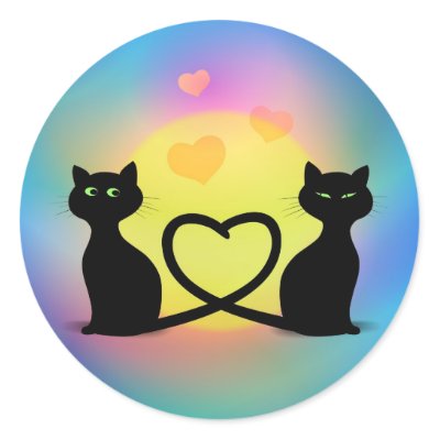 Cats in love cartoon illustration. Two black cats created a heart with their 