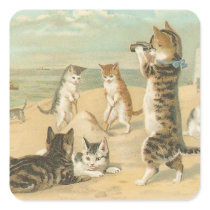 "Cats on the Beach " Vintage Square Stickers