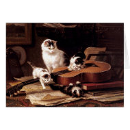 Cats playing guitar antique painting card
