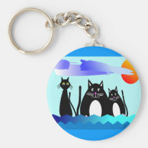"Cats That Love Water"  Whimsical Black Cats Key Chain
