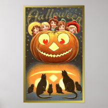 Cats Watching Kids and Pumpkin VIntage Halloween ( Print