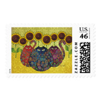 cats with sunflowers postage stamps