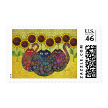 cats with sunflowers postage stamps
