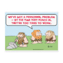caveman punch in tired work postcards