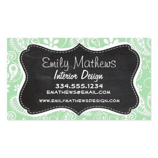 Celadon Paisley; Floral; Chalkboard look Business Card Template (front side)