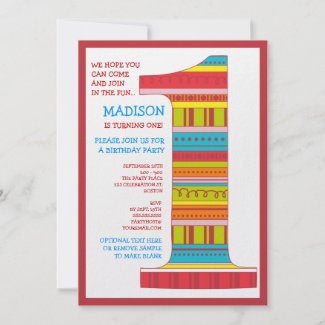 Celebration Stripes Number 1 First Birthday Party Personalized Invitation