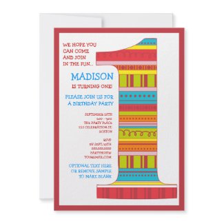 Celebration Stripes Number 1 First Birthday Party Personalized Invitation