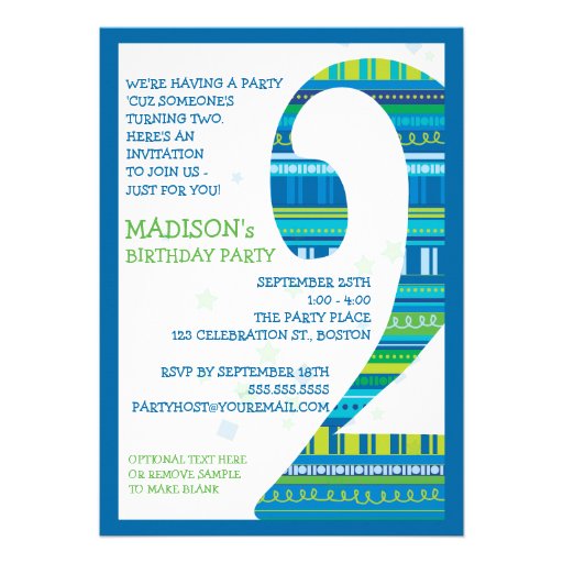 Celebration Stripes Number 2 Second Birthday Party Invites