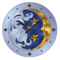 Celestial Moon and Stars Round Wall Clocks at Zazzle