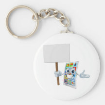 Cell phone cartoon character holding sign keychains