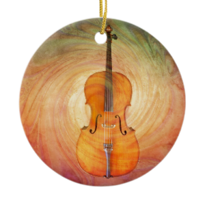 Cello with warm colorful textured background. christmas ornaments
