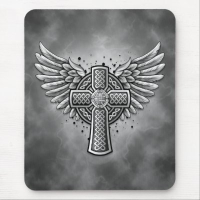 Celtic Cross With Wings black grey Mousepad by JeffBartels