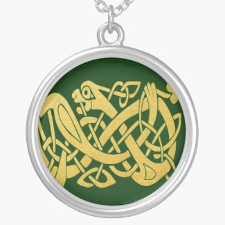 Celtic Golden Snake Green Silver Necklace