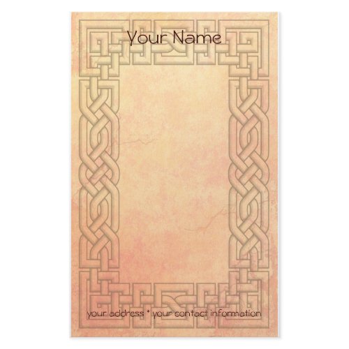 A pale tan and rust colored, antique and ruined texture as a background with a Celtic knotwork border in a slightly darker blue. This elegant and stylish stationery would make a perfect customized gift - customize with your own text and ideas! Available in several colors.