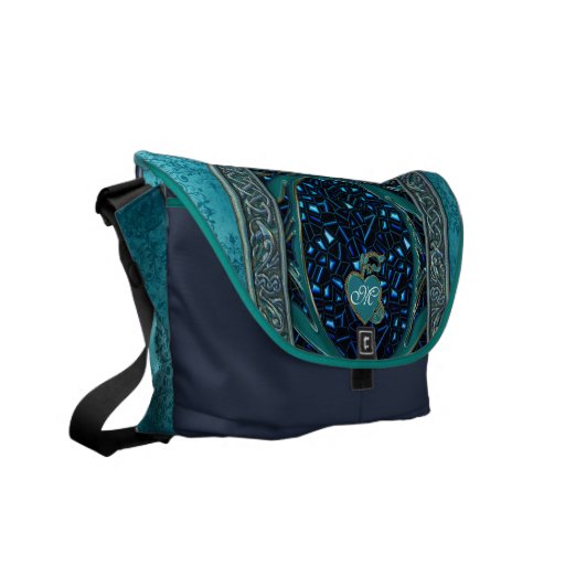Celtic Teal Damask Monogrammed Messenger Bag