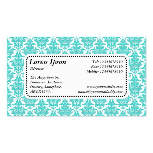 Center Label v5 - Aqua Damask Business Cards (back side)