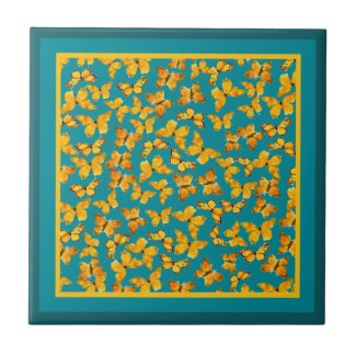 Ceramic Tile, Golden Butterflies on Teal