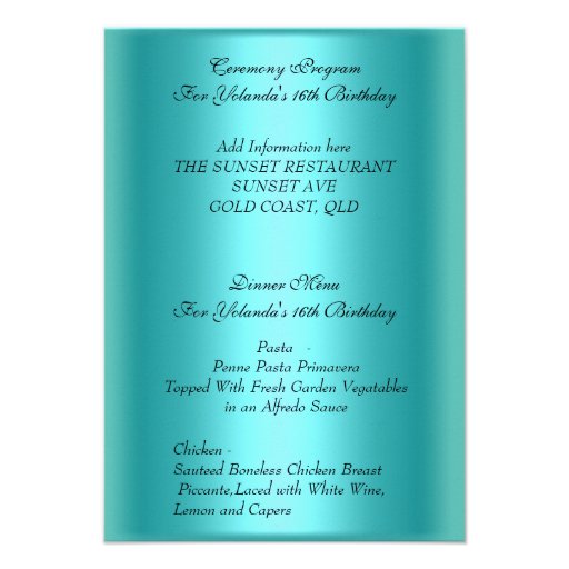 Ceremony and Dinner Menu Sweet 16 Teal Blue Personalized Invites